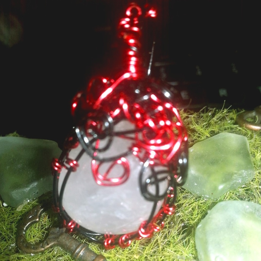 Red & Black wire wrapped rose quartz pendant